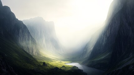 Poster - Sunbeams streaming through mist illuminate a lush green valley nestled between majestic mountains, featuring a tranquil lake that enhances the breathtaking natural landscape