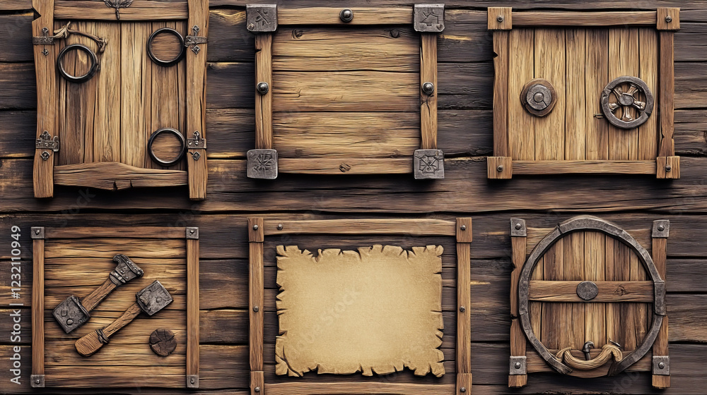 Wooden game ui design elements for videogame menu. Cartoon vector ...