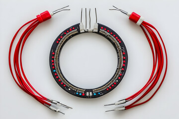 Poster - Circular circuit board, red wires, white background