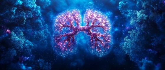 Canvas Print - a vibrant, ethereal image of lungs, resembling glowing trees in a cosmic landscape. the blue and pur
