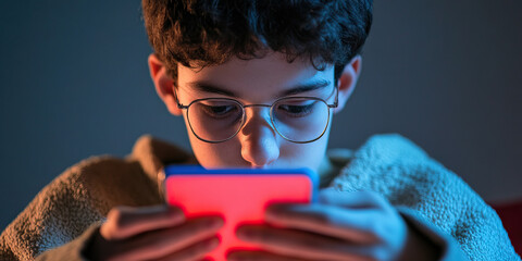 Poster - Teenage Boy Using Smartphone at Night