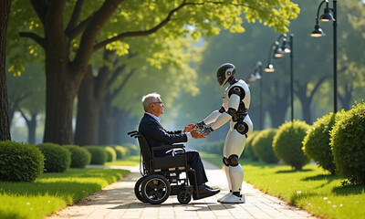 A robot is assisting a person who is in a wheelchair while they enjoy a sunny park setting