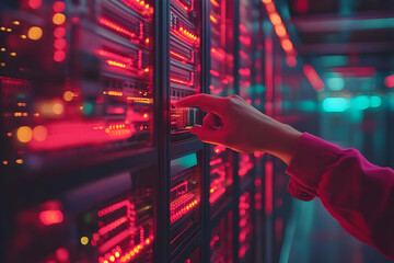 Poster - Woman's hand adjusts server rack; data center, night