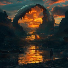 Poster - Captivating digital art piece depicting a lone figure standing before a giant glass jar containing a beautiful woman with detailed textures and a sunset reflecting in the murky water around lush ruins