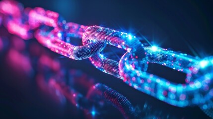 Leinwandbilder - A series of shimmering chain links illuminated in vibrant pink and blue hues illustrates the concept of digital connectivity, showcasing elements of technology and innovation in a dark environment.