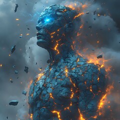 Poster - captivating digital artwork featuring a colossal deity statue middisintegration with glowing cracks 