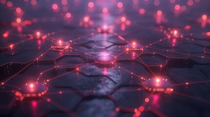Fototapete - Brightly lit hexagons create an intricate network in a dark space, showcasing advanced technology while surrounded by a vibrant glow and a sense of connectivity.