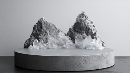 Aufkleber - A striking minimalist podium features rugged concrete paired with shimmering crystal formations, blending textures for a modern artistic display. Perfect for showcasing unique objects or art pieces