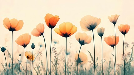 Sticker - Soft focus image of orange and beige poppies in a field, pastel color palette, dreamy atmosphere, delicate flower stems, subtle background, nature