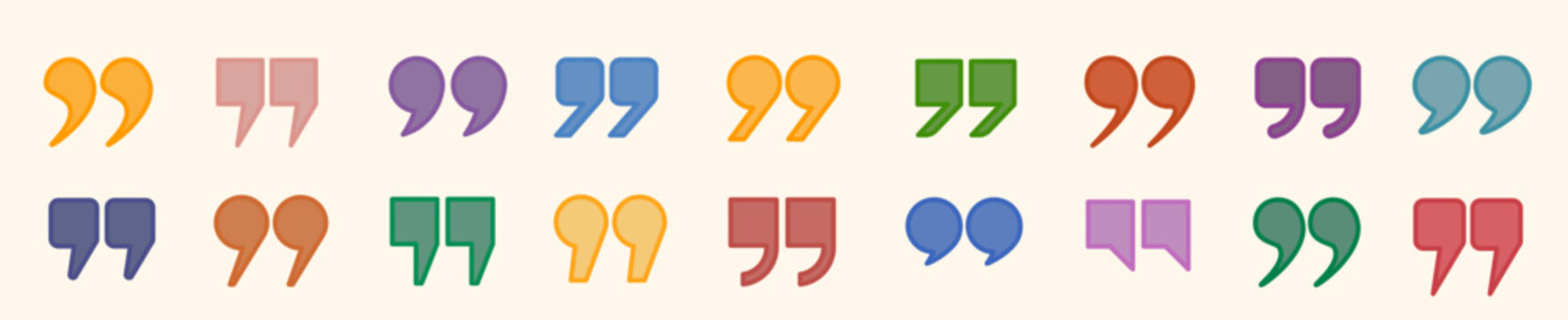 A set of colored quotation marks in the title, a square check mark, and quotation icons in the comments. The quotation marks are highlighted in black on a white background. Vector illustration.