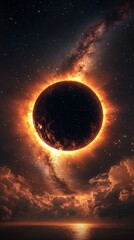 Wall Mural - Planet eclipse rising over the ocean under the milky way