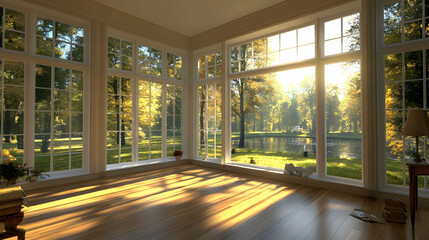 Wall Mural - Sunlit room overlooking autumn park