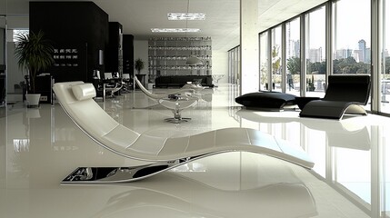 Poster - Modern luxury lounge with chaise lounge, sleek furniture, and city view.