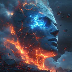 Fototapete - Captivating digital artwork featuring a colossal deity statue middisintegration with glowing cracks showing fiery lava and bright blue energy pieces of stone flying into a dark background