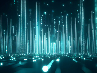 Poster - Glowing digital city, futuristic tech, dark background, data streams