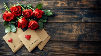 Canvas Print - Red roses and rustic kraft envelopes with small red hearts on a dark brown wooden background. A romantic Valentine's Day or love themed image