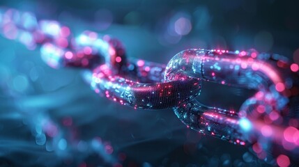 Fototapete - A luminous digital chain shines in brilliant blue and pink tones, showcasing intricate details and textures while depicting a theme of connection and modern technology.