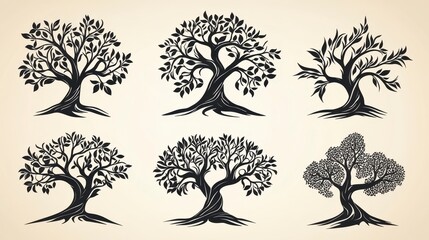 Poster - Collection of six hand drawn black olive trees on a beige background. Each tree is unique in its shape and branch structure, showcasing a variety of
