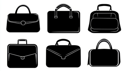 Poster - Collection of six monochrome silhouettes of various handbags and briefcases against a white background. The bags are depicted in a simple, graphic