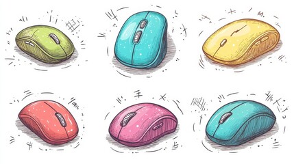 Poster - Six colorful computer mice in a hand drawn style, illustrated against a white background. Each mouse is a different pastel color, and they are