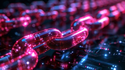 Fototapete - A vivid display of interconnected digital chains against a dark backdrop, highlighting technology and data interaction through glowing red and pink elements.