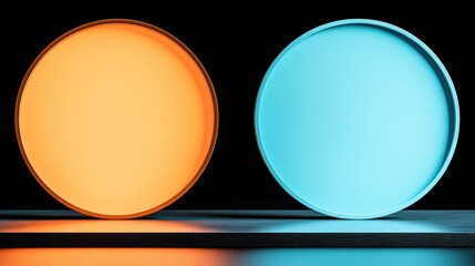 Two vibrant orange and blue circular lights on reflective surface