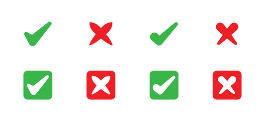 Poster - Check mark icon set. Check box icon with right and wrong buttons. Ggreen tick and red cross vector icons. Checkmark and cross buttons in flat style