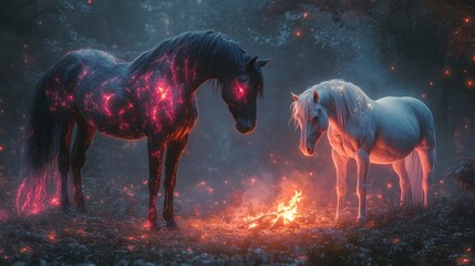 Poster - Captivating scene of a black stallion with glowing fluorescent war paint and a white stallion beside it set against a dark woodland night with light softly emanating from a nearby campfire