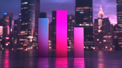 Poster - Abstract 3D rendering of vibrant pink and blue columns against a blurred cityscape backdrop at night. Neon glow reflects on a dark surface