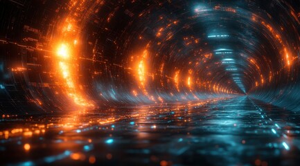 Wall Mural - a tunnel with orange lights and blue lights