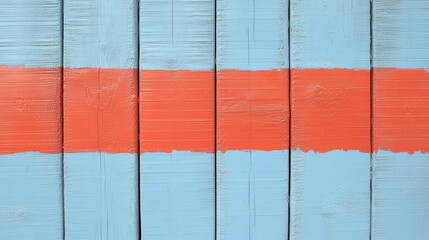 Wall Mural - Rustic weathered wooden planks painted light blue with a horizontal band of faded orange paint. The texture is rough and shows signs of age and wear