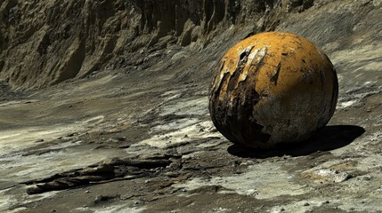 Canvas Print - A large, weathered sphere sits on a rough, textured surface. The sphere displays a mixture of gray, brown, and yellow hues in bright sunlight