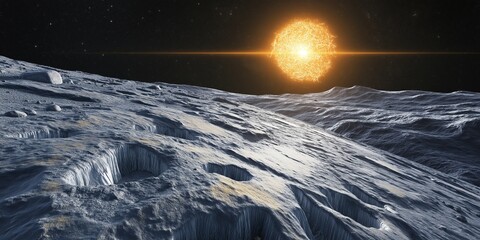 Wall Mural - asteroid surface featuring numerous craters and a distant star emitting radiant light, creating a dr