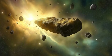 Wall Mural - large asteroid drifting through space with smaller debris and nebulas in the background creating a d