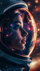 Wall Mural - female astronaut looking at universe through spacesuit visor
