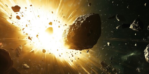 Wall Mural - powerful nuclear explosion obliterating asteroids, scattering fragments across the vastness of deep 