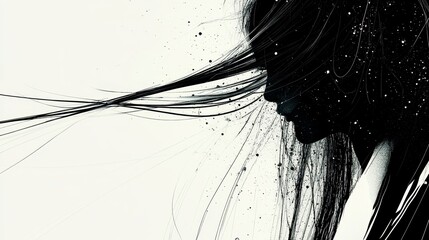 Fototapete - Abstract black and white digital art depicting a stylized human head with fragmented, pixelated lines radiating outwards, creating a dynamic and