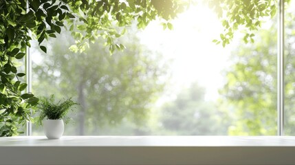 Poster - Sunlight streams through expansive windows, illuminating a sleek white desk adorned with a small potted plant, creating a tranquil workspace surrounded by nature