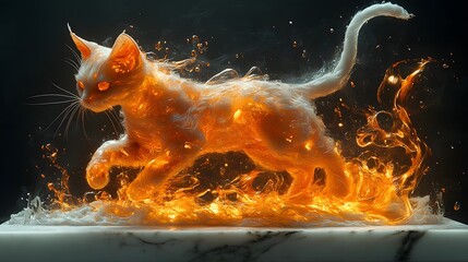 Poster - Cat formed from burning coal its fiery surface glowing red and orange leaps from a white marble base Smoky cracked textures blend with a dark background fierce and cinematic in closeup