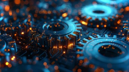 Poster - Complex gears interwoven with circuit patterns are highlighted by glowing blue and orange lights, showcasing an advanced technology setting that emphasizes mechanical precision and innovation.