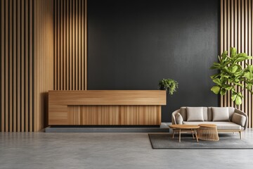 Wall Mural - Modern minimalist reception area with wooden wall panels, a wooden reception desk, a beige sofa, and potted plants.