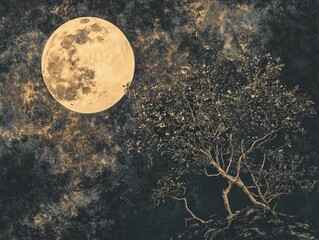 Wall Mural - Tree at night with full moon