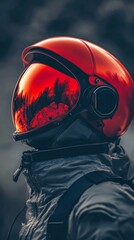Wall Mural - astronaut wearing red helmet exploring new planet with trees reflecting in visor