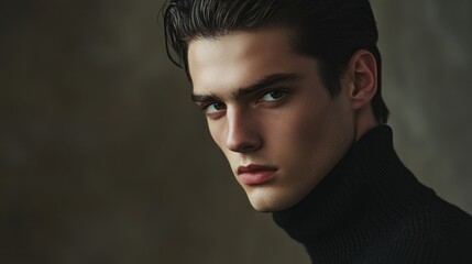 Poster - A young man showcases an elegant jet-black slicked-back hairstyle, staring intently with a confident expression. The minimalist backdrop highlights his features and adds to his modern aesthetic