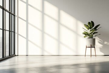 Wall Mural - Sunlight streams through a large window illuminating a minimalist room with a potted plant.