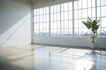 Wall Mural - Sunlit modern loft interior with cityscape view, plant, and polished concrete floor.