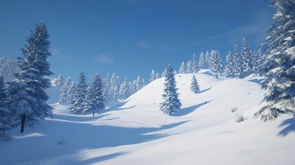 Aufkleber - Sunlight streaming over snow covered rolling hills and towering pine trees creates a stunning winter wonderland landscape beneath a clear blue sky, radiating seasonal beauty