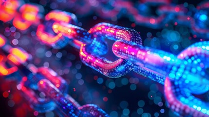 Fototapete - Brightly colored chain links glow against a blurred background, illustrating concepts of blockchain technology and digital security in a modern, abstract style.