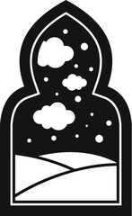 Poster - black and white illustration of an oriental arch window showing a cloudy desert landscape