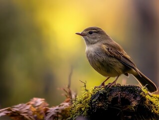 Wall Mural - small brown bird perched on a mossy log with a blurred background of yellow